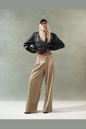 Lioness Corduroy slouchy low rise tie detail wide leg pants in beige-Neutral