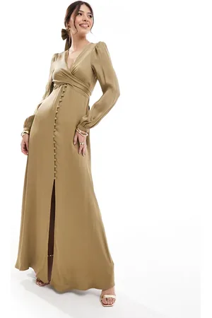 Maids to Measure Bridesmaid long sleeve button front maxi dress in -Green