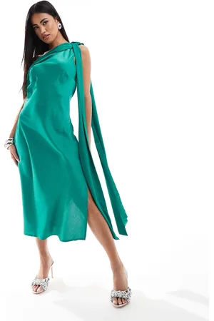 In The Style X Terrie McEvoy satin one shoulder drape midi dress in