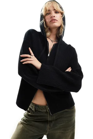 Monki Knitted rib hoodie zip up cardigan in