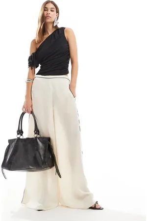 Lioness Satin contrast piping wide leg pants in -White