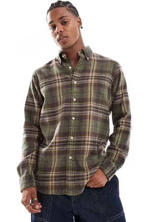 Ralph Lauren Icon logo check brushed flannel shirt in olive green / brown
