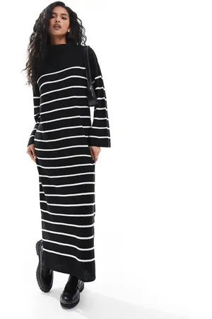VILA High neck knitted maxi dress in black and white stripe