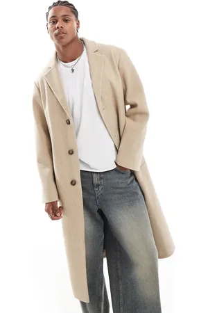 ASOS Regular fit wool look overcoat in stone-Neutral