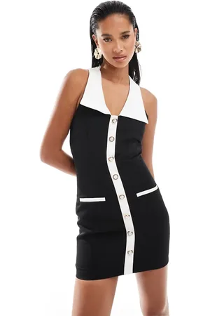 Kaiia Tailored halterneck contrast collar pearl button detail mini dress in