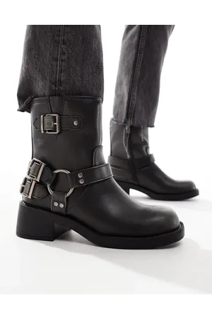 New Look Worn biker boots with hardware in washed