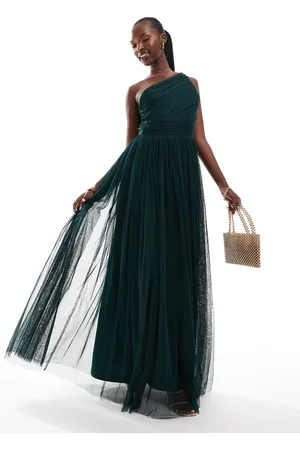 Lace & Beads Bridesmaid one shoulder tulle maxi dress in emerald-Green