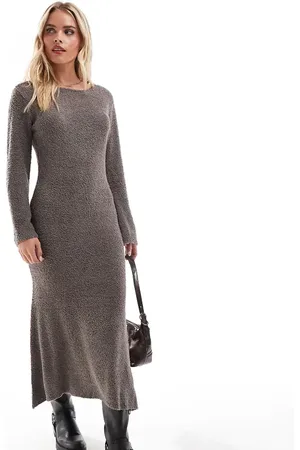 VILA Super soft fluffy maxi jumper dress in brown