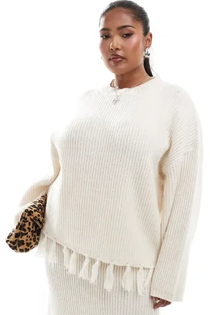 4th & Reckless Wool mix tassel edge wide sleeve jumper in (part of a set)-White