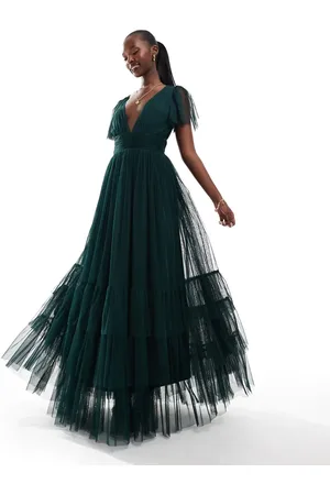 Lace & Beads Bridesmaid Madison v neck tulle maxi dress in emerald-Green