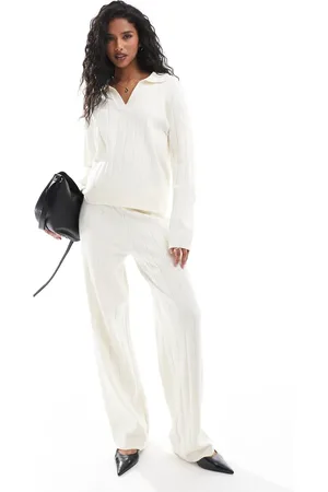 Y.A.S Wide rib knitted pants in cream (part of a set)-White