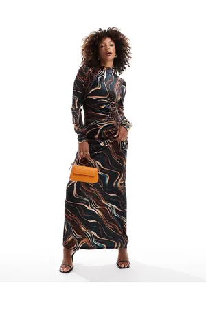 DASKA High neck maxi dress in dark marble print-Grey