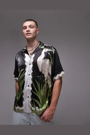 Topman Short sleeve satin heron shirt in