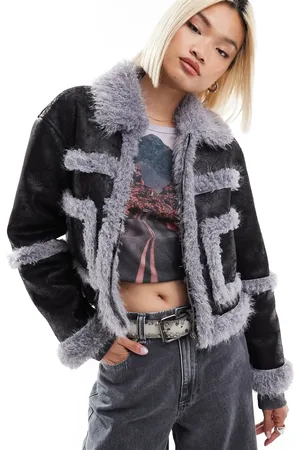 Glamorous Boxy purple shearling contrast coat-Black