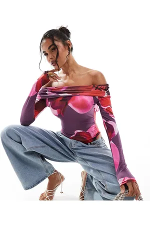 Kaiia Exclusive slinky bardot open back long sleeve body in print-Multi