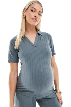 Mama;licious Mamalicious Maternity Mix & Match ribbed jersey polo in asphalt (part of a set)-Grey