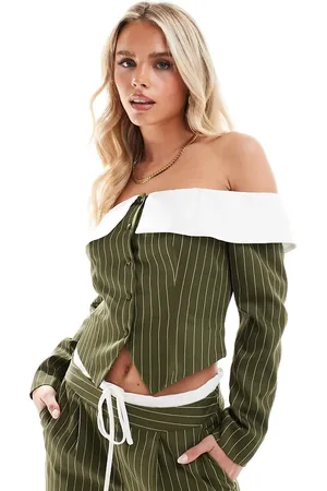 Extro & Vert Petite Longline corset bandeau blazer top in stripe (part of a set)-Green