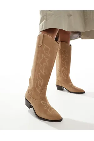 Stradivarius Leather cowboy boots in -Neutral