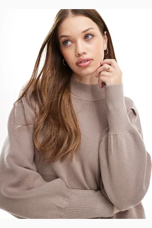 Y.A.S High neck knitted jumper with balloon sleeves in mushroom (part of a set)-Neutral