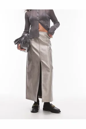 Topshop Faux leather split midi skirt in -Black