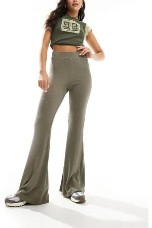 Monki Two-tone rib jersey flare leg pants in