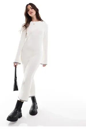 VILA Super soft knitted midi dress with contrast edge in winter white