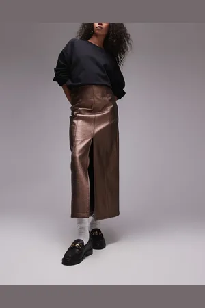 Topshop Faux leather split midi skirt in metallic -Gold