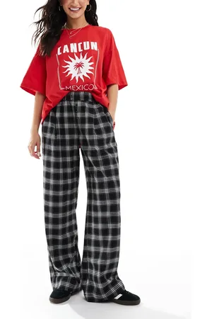 Bershka Tie waist wide leg pants in check