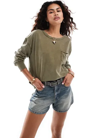 Free People Fade long sleeve patch pocket t-shirt in olive green
