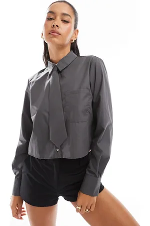 ONLY Long sleeve crop shirt with matching tie in charcoal