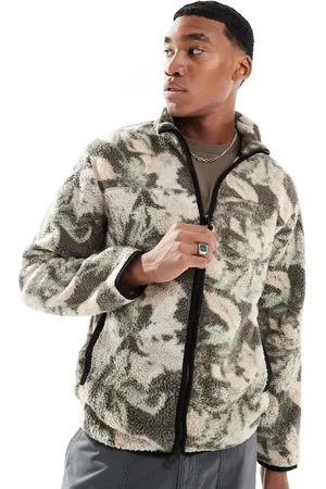 Only & Sons Zip through fleece in green leaf print-Black