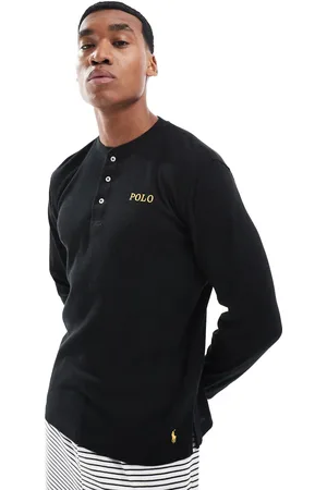 Ralph Lauren Lounge henley waffle long sleeve t-shirt in black with gold logo
