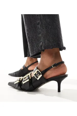 AllSaints Grace buckle slingback leather kitten heeled shoes in black