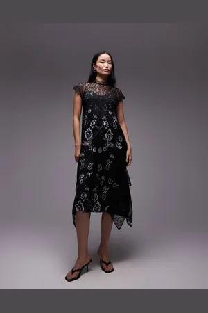 AllSaints Gian satin and lace maxi dress in black print