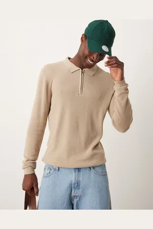New Look Long sleeve 1/4 zip polo in -Neutral