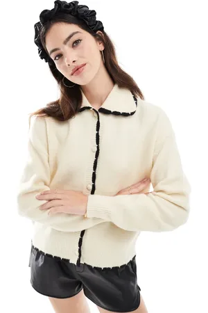 VERO MODA Collar detail cardigan with contrast tipping in -White