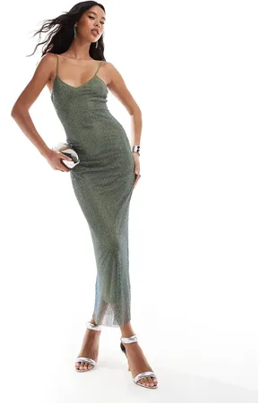 Rare Fashion London premium diamante cami midi dress in -Green
