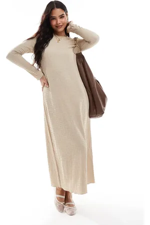 VILA Textured long sleeve maxi dress in cream-Grey