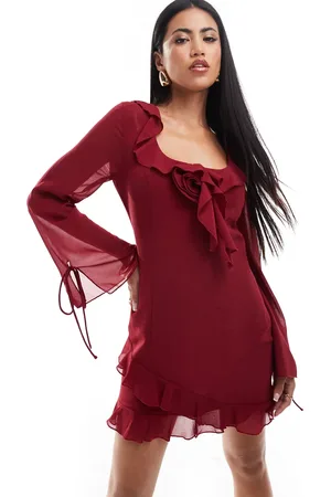 Love Triangle Chiffon mini dress with corsage detail in -Red