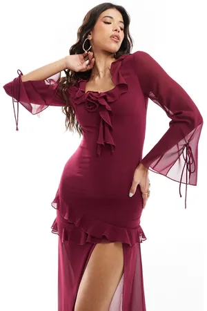 Love Triangle Chiffon maxi dress with corsage detail in -Purple