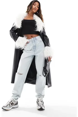 In The Style Leather look trench coat with faux fur trims in