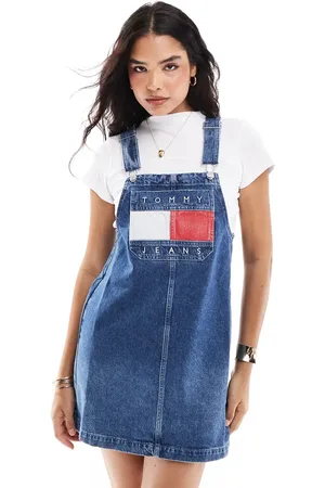 Tommy Hilfiger Retro flag denim dungaree dress in mid wash-Blue