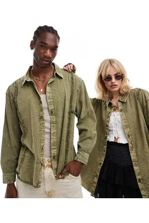 Reclaimed Unisex denim shirt with fraying-Green