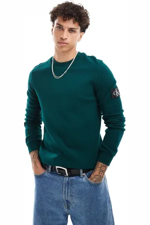Calvin Klein Waffle long sleeve badge t-shirt in dark green