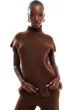 In The Style High neck sleeveless tassel hem jumper in (part of a set)-Brown