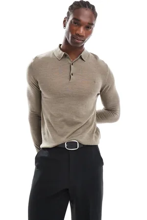 AllSaints Mode merino long sleeve polo shirt in green