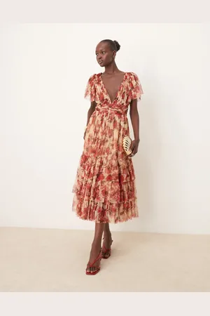 Lace & Beads Bridesmaid Madison v neck tulle midi dress in -Multi