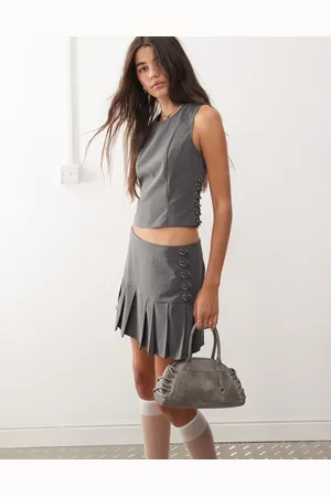COLLUSION Pleated mini skirt with piercing detail in pinstripe (part of a set)-Grey