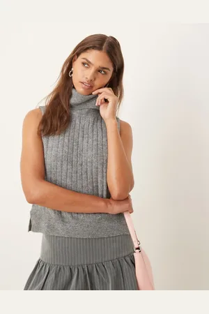 VILA Ribbed high neck sleevless knitted singlet in dark grey