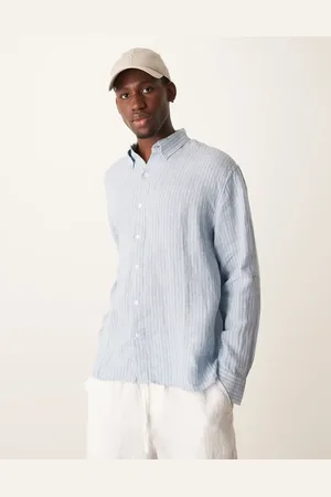 Abercrombie & Fitch Long sleeve striped linen shirt in blue and white